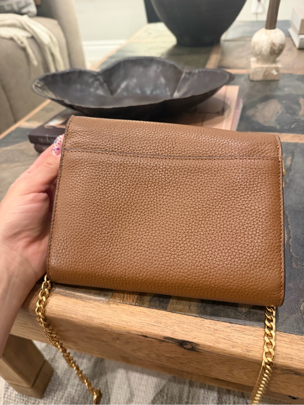 Tory Burch Brown Pebbled Leather Chain-Trim Crossbody - Picture 7 of 7